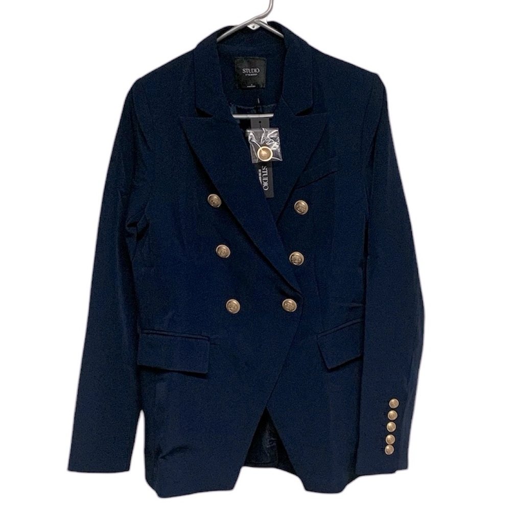 Studio by The Workshop Womens Navy Double Breasted Blazer Gold Buttons NWT Small